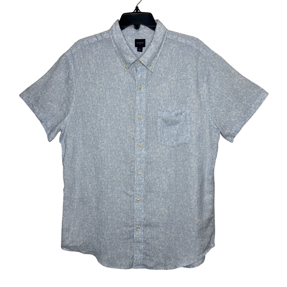 J.Crew Short Sleeve Button Down Mens Sz L Blue White Tropical Leaf Linen Cotton
